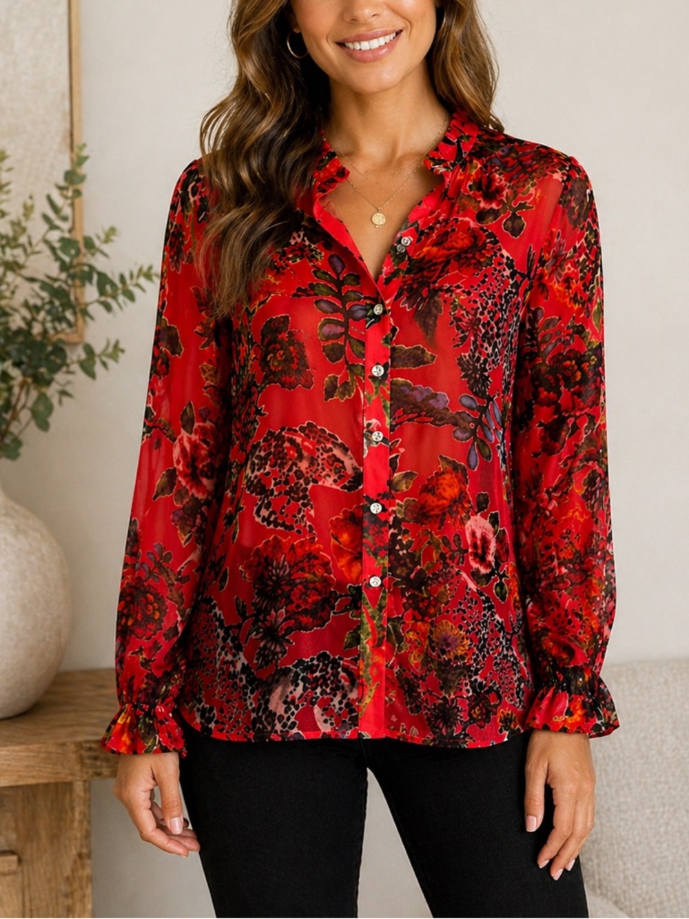 NWT John Mark Yoella Burnout Red Floral Animal Print Button Blouse Size M
